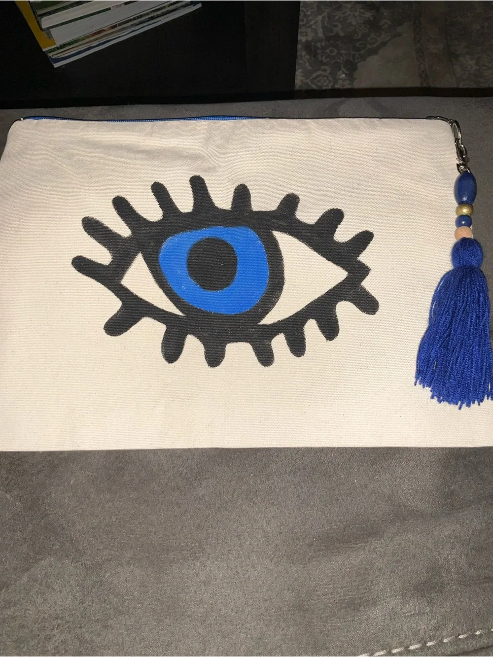 Canvas Evil Eye Print Good Luck Cosmetic Pouch with Blue Tassel